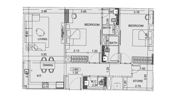 Apartment floor plan, 2 bedrooms in Binghatti Aquarise No. 11010 (2D)